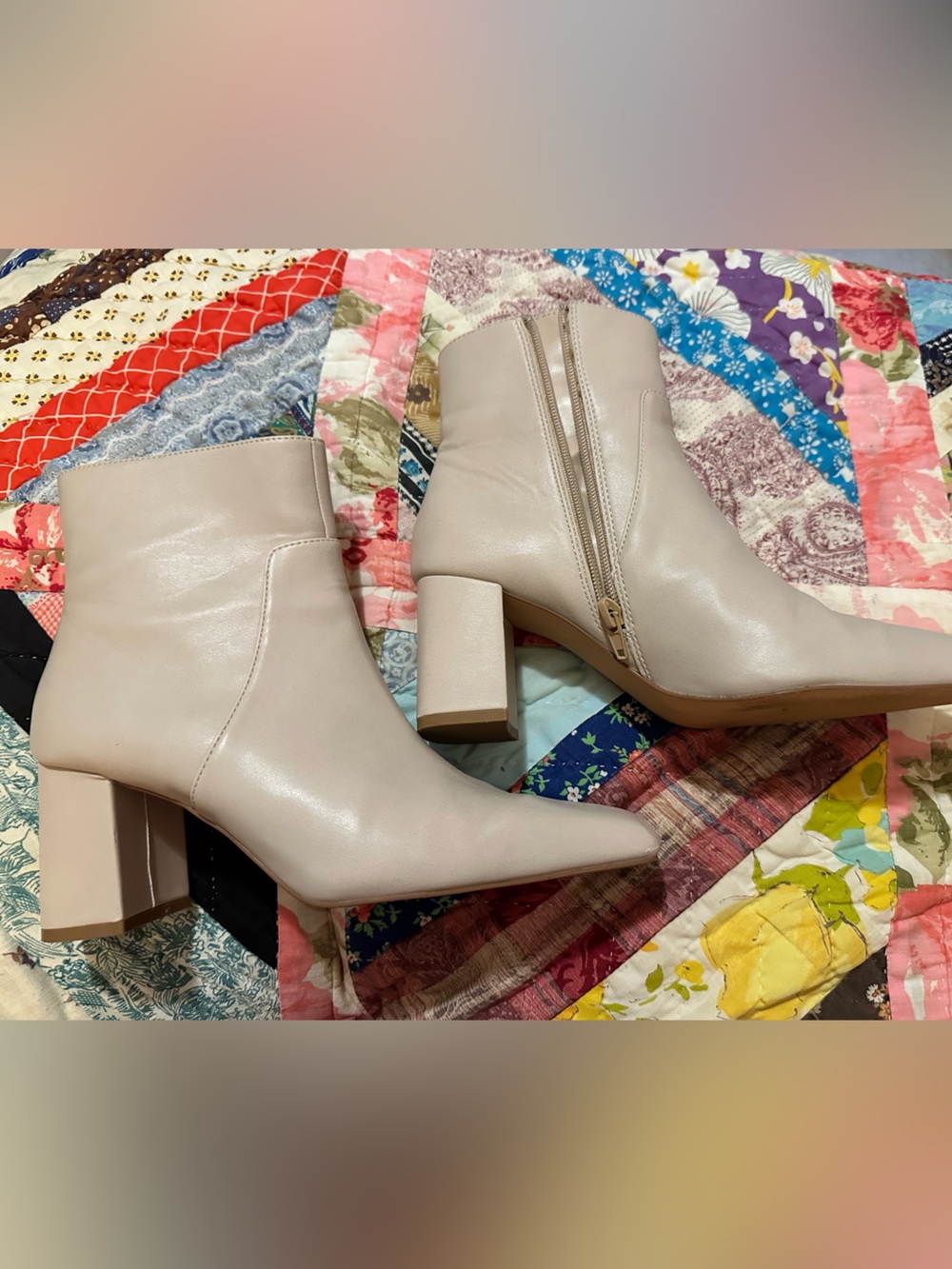 Mango Cream Pointed Toe Ankle Boots with Block Heel